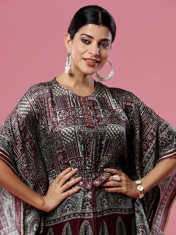 Maroon printed silk kaftan style kurti set