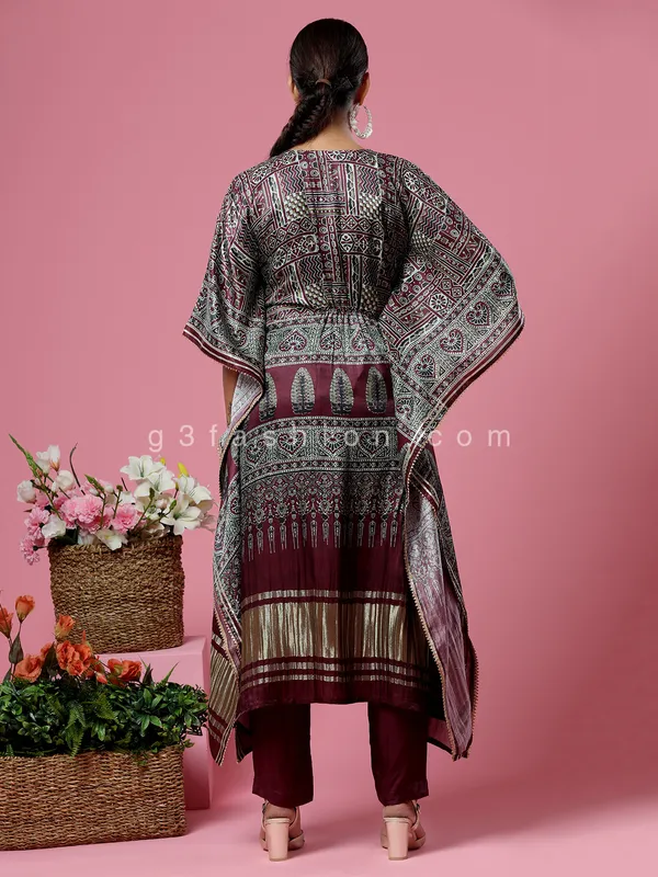 Maroon printed silk kaftan style kurti set
