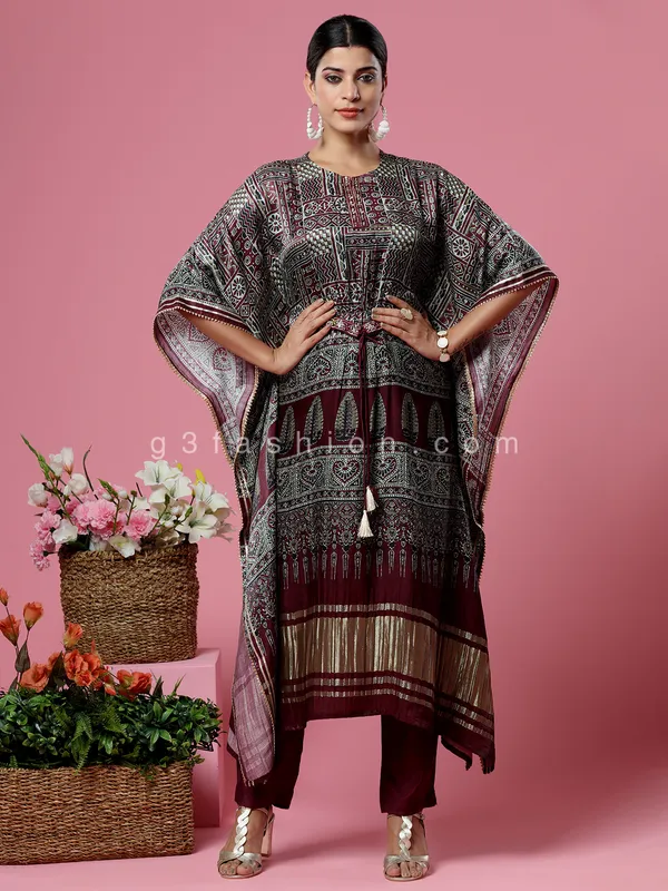 Maroon printed silk kaftan style kurti set