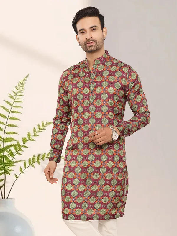 Maroon printed silk kurta for men
