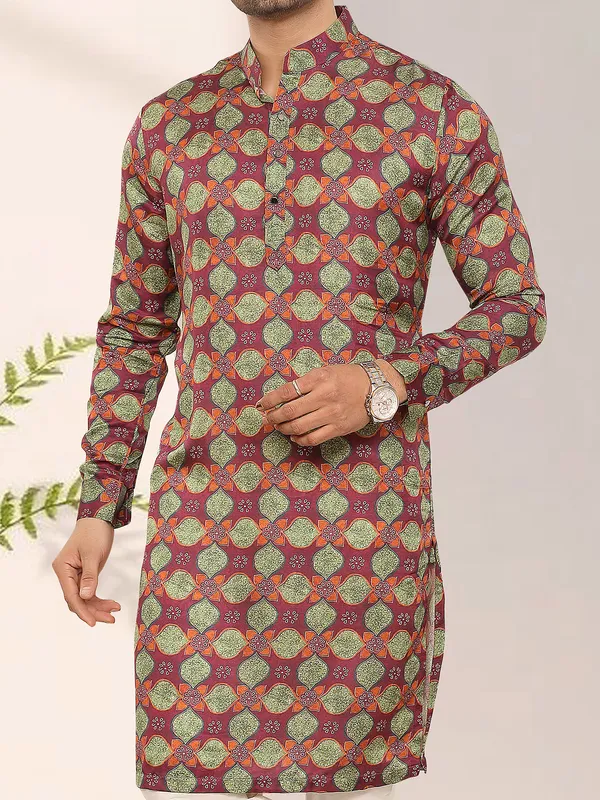 Maroon printed silk kurta for men