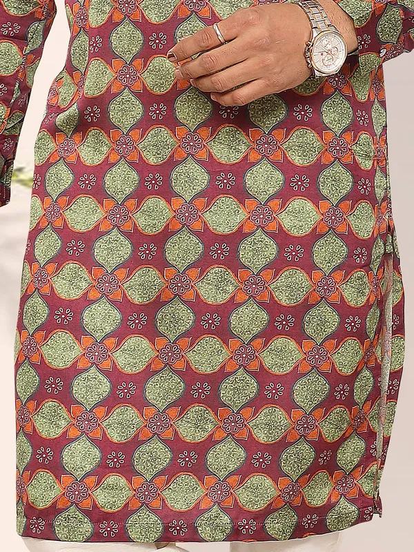 Maroon printed silk kurta for men