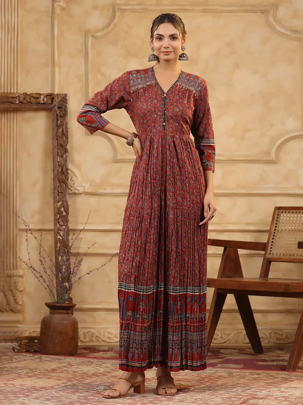 Maroon printed silk kurti set for women festive wear