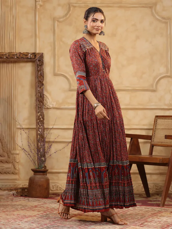 Maroon printed silk kurti set for women festive wear