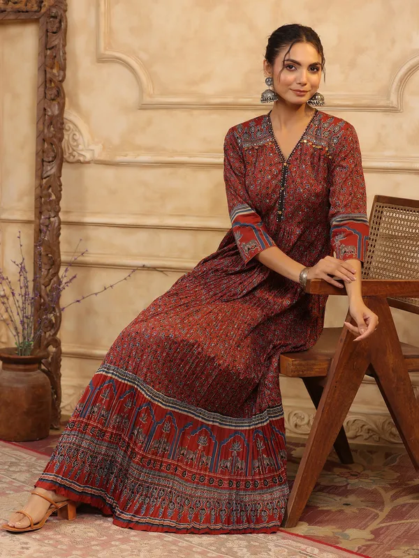 Maroon printed silk kurti set for women festive wear