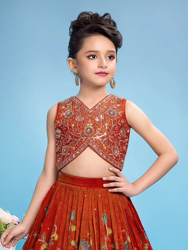 Maroon printed silk lehenga choli for girls