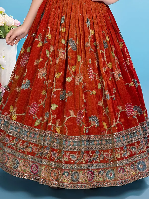 Maroon printed silk lehenga choli for girls