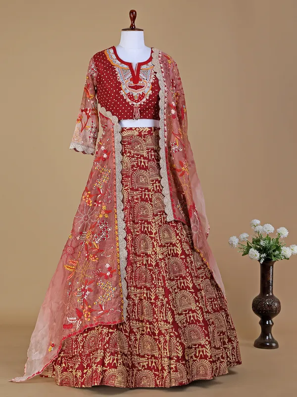 Maroon printed silk lehenga choli for wedding