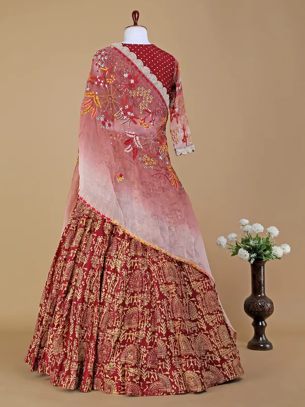 Maroon printed silk lehenga choli for wedding
