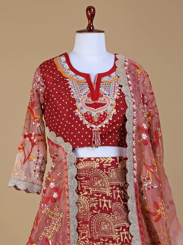 Maroon printed silk lehenga choli for wedding
