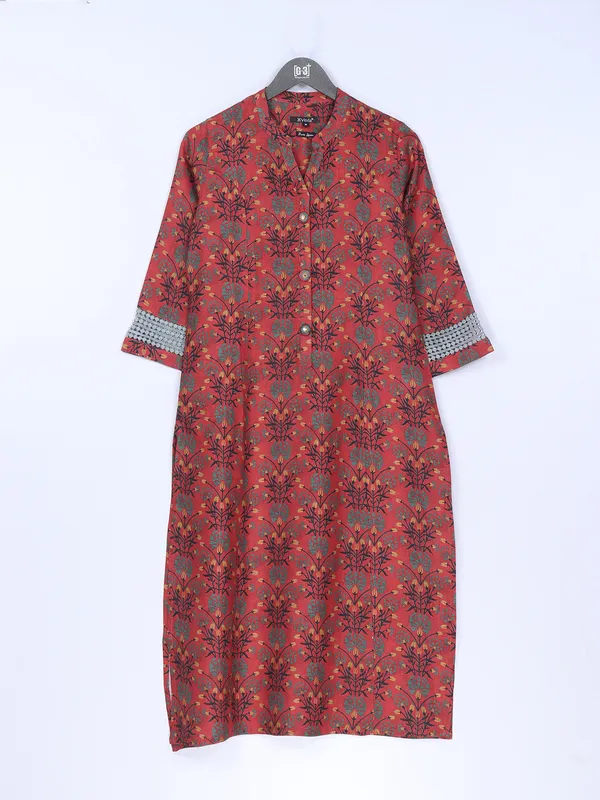 Maroon printed silk long kurti