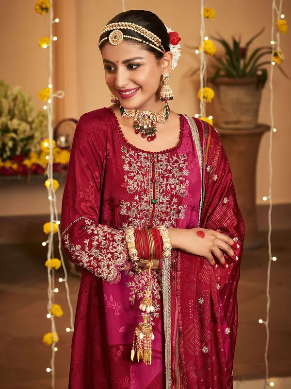 Maroon printed silk salwar suit