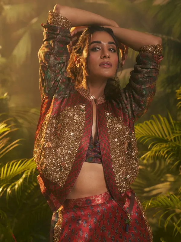 Maroon printed silk salwar suit with jacket