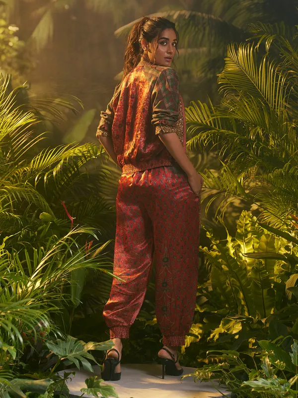 Maroon printed silk salwar suit with jacket