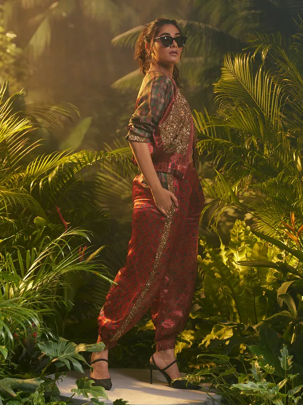 Maroon printed silk salwar suit with jacket