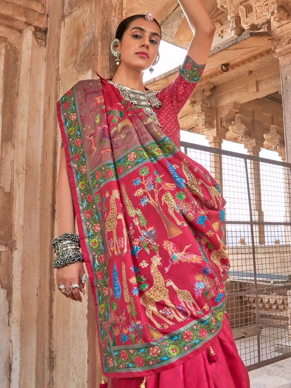 Maroon printed silk saree for festivals