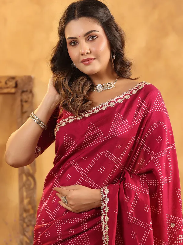 Maroon printed silk saree with aabla and gota accents