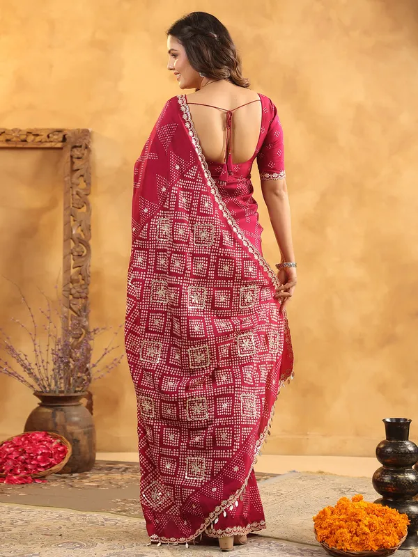 Maroon printed silk saree with aabla and gota accents