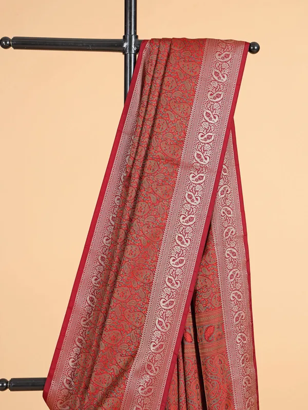 Maroon printed silk saree with zari weaving
