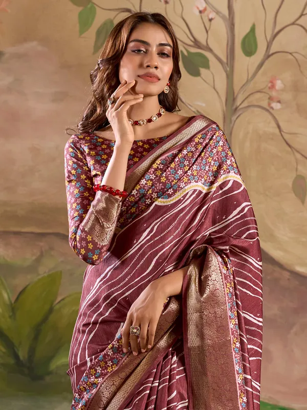 Maroon printed silk saree with zari work
