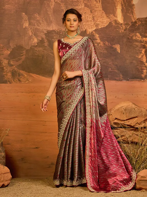 Maroon printed tissue silk wedding saree
