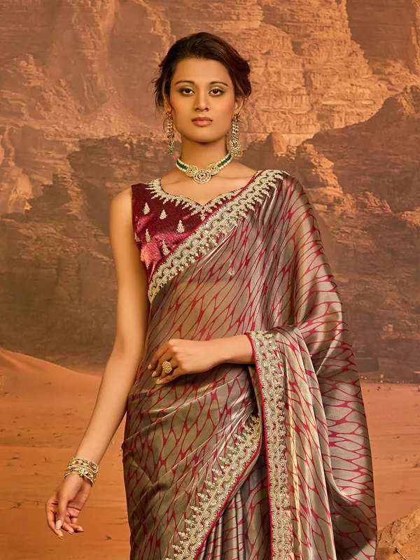 Maroon printed tissue silk wedding saree