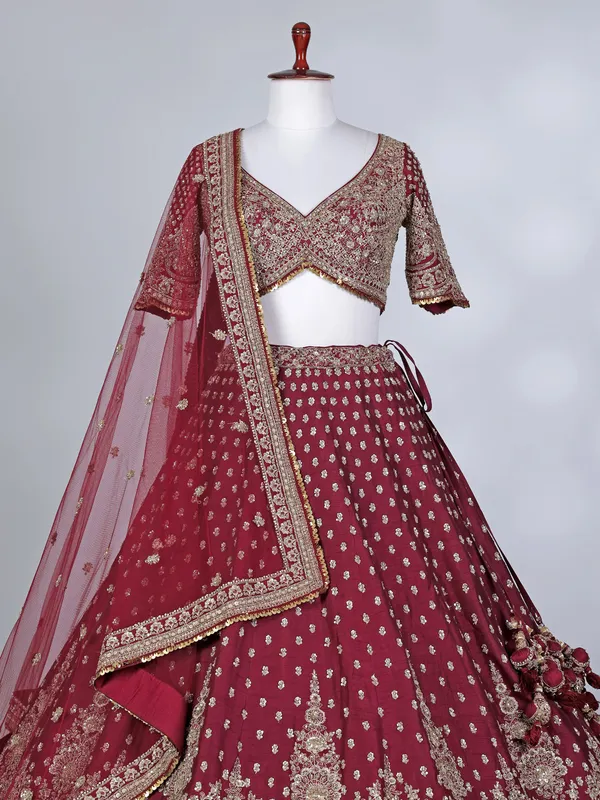 Maroon raw silk bridal cutdana lehenga choli