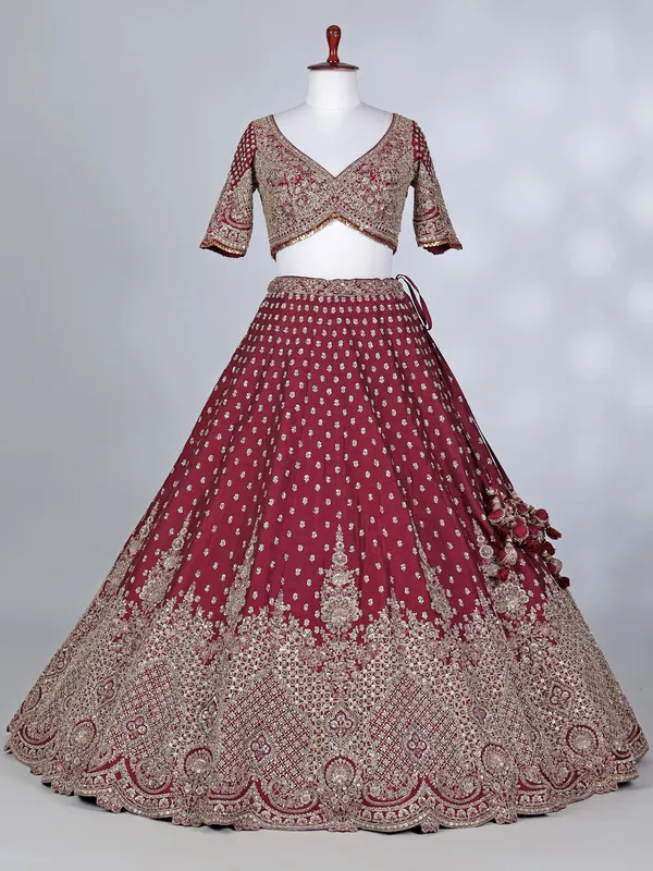 Maroon raw silk bridal cutdana lehenga choli