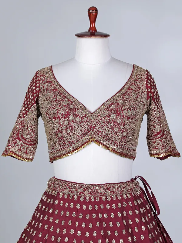 Maroon raw silk bridal cutdana lehenga choli