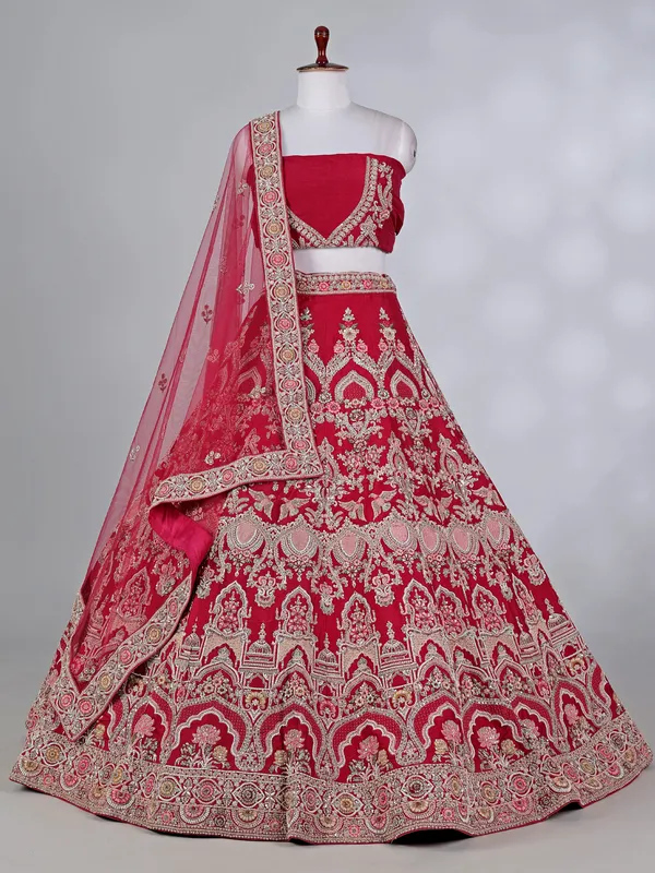 Maroon raw silk bridal lehenga choli with diamond work