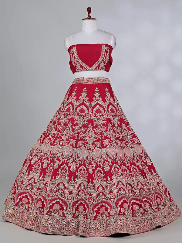 Maroon raw silk bridal lehenga choli with diamond work