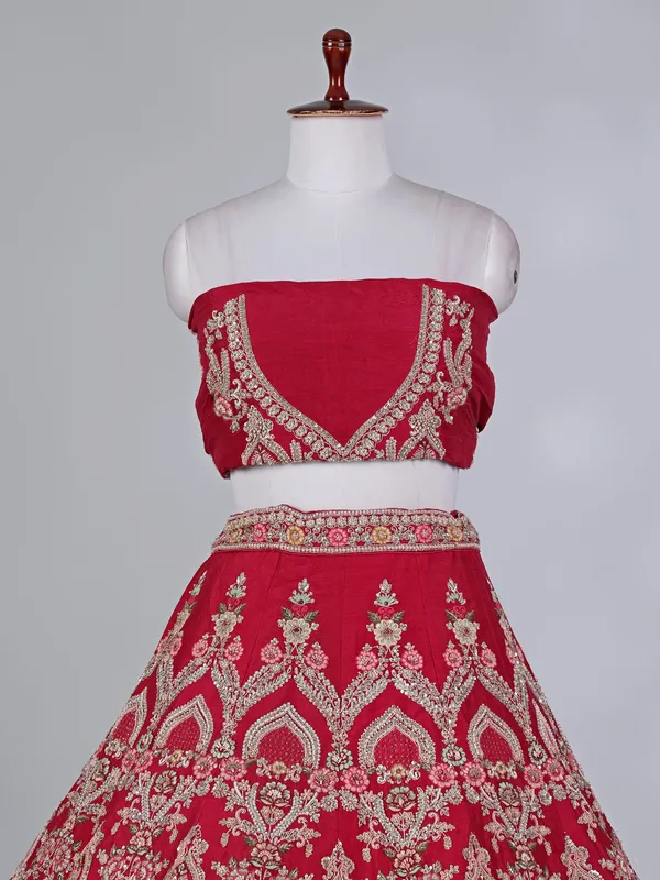 Maroon raw silk bridal lehenga choli with diamond work