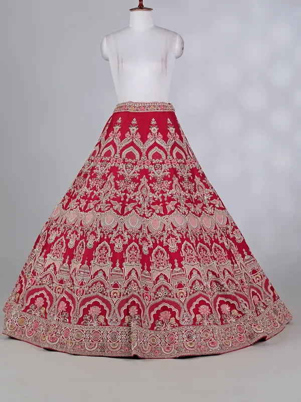 Maroon raw silk bridal lehenga choli with diamond work