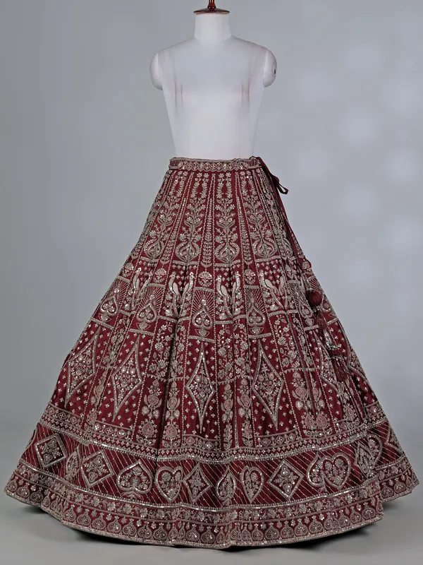 Maroon raw silk lehenga choli with diamond and resham