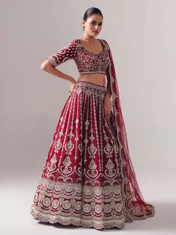 Maroon raw silk lehenga choli with zardosi and resham glow