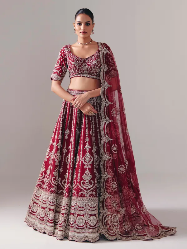 Maroon raw silk lehenga choli with zardosi and resham glow
