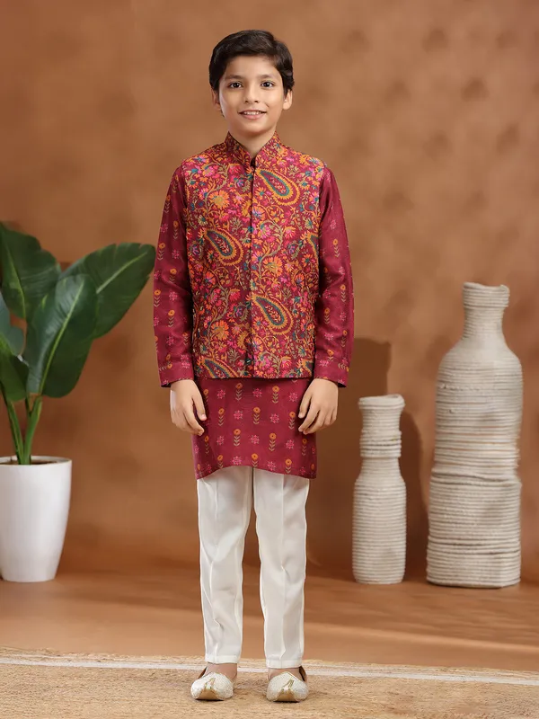Maroon raw silk printed waistcoat set for boys