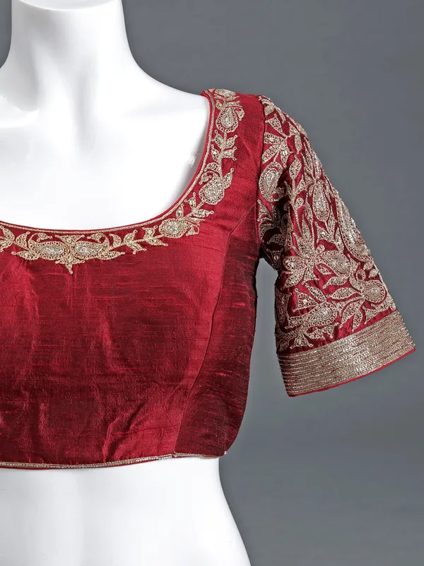 Maroon raw silk round neck blouse for women