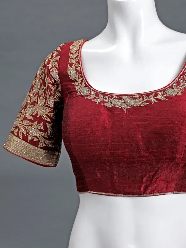 Maroon raw silk round neck blouse for women