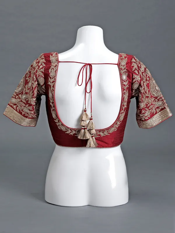 Maroon raw silk round neck blouse for women