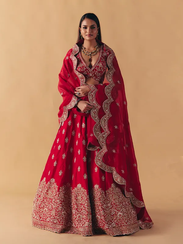 Maroon raw silk zardosi lehenga choli