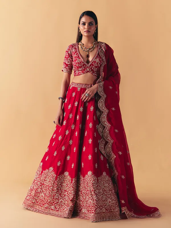 Maroon raw silk zardosi lehenga choli