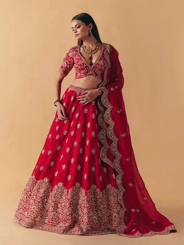 Maroon raw silk zardosi lehenga choli