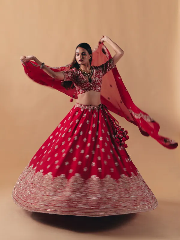 Maroon raw silk zardosi lehenga choli