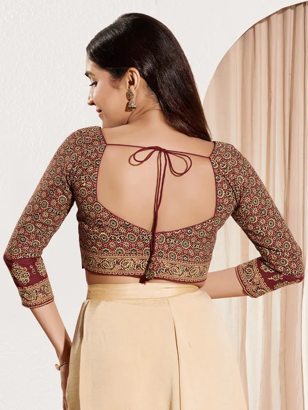 Maroon ready made cotton blouse in printed