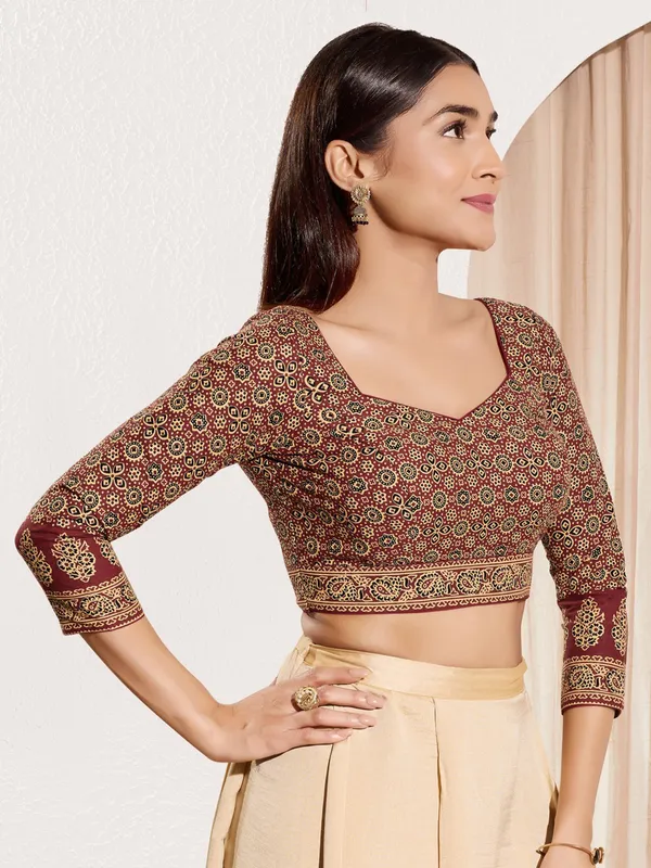 Maroon ready made cotton blouse in printed
