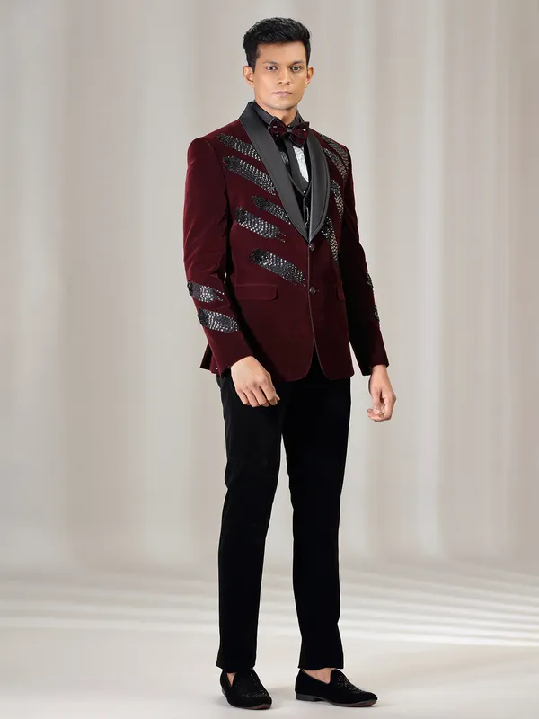 Maroon reception wear coat suit in velvet