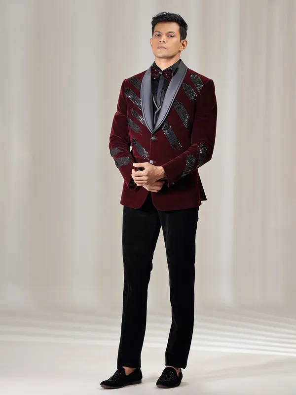 Maroon reception wear coat suit in velvet