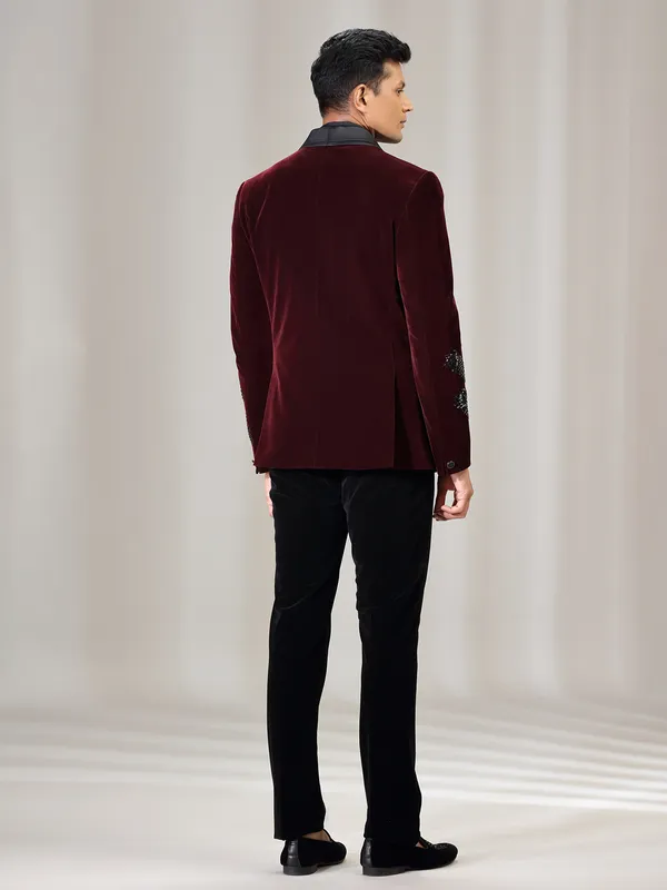 Maroon reception wear coat suit in velvet