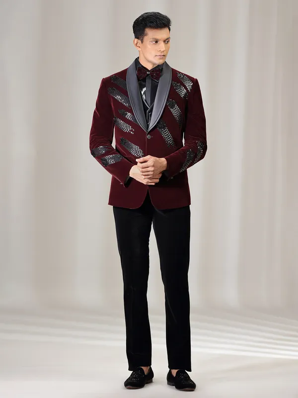 Maroon reception wear coat suit in velvet
